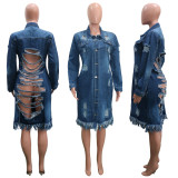 Denim Ripped Hole Tassel Full Sleeve Casual Long Coat SH-390000
