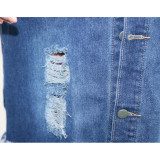 Denim Ripped Hole Tassel Full Sleeve Casual Long Coat SH-390000