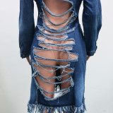 Denim Ripped Hole Tassel Full Sleeve Casual Long Coat SH-390000
