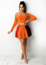 Sexy Off Shoulder Long Sleeve Pleated Mini Skirt 2 Piece Sets TR-1175