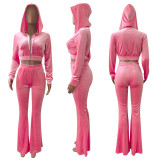 Solid Velvet Hooded Zipper Long Sleeve Flared Pants 2 Piece Sets NIK-264