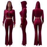 Solid Velvet Hooded Zipper Long Sleeve Flared Pants 2 Piece Sets NIK-264