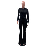 Casual Solid Hoodie Flared Pants Two Piece Suits IV-8249