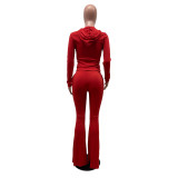 Casual Solid Hoodie Flared Pants Two Piece Suits IV-8249