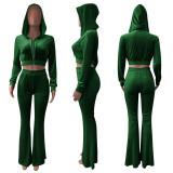 Solid Velvet Hooded Zipper Long Sleeve Flared Pants 2 Piece Sets NIK-264