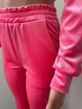 Solid Velvet Hooded Zipper Long Sleeve Flared Pants 2 Piece Sets NIK-264