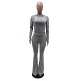 Casual Solid Hoodie Flared Pants Two Piece Suits IV-8249