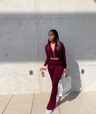 Solid Velvet Hooded Zipper Long Sleeve Flared Pants 2 Piece Sets NIK-264