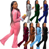 Solid Velvet Hooded Zipper Long Sleeve Flared Pants 2 Piece Sets NIK-264