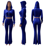 Solid Velvet Hooded Zipper Long Sleeve Flared Pants 2 Piece Sets NIK-264