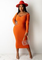 Solid Ribbed Long Sleeve Slim Midi Dress ME-21S951