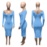 Solid Ribbed Long Sleeve Slim Midi Dress ME-21S951