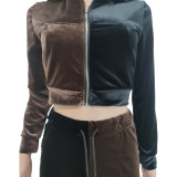 Contrast Color Velvet Long Sleeve Flared Pants 2 Piece Sets TR-1178