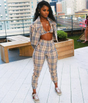 Plus Size Plaid Short Coat+Bra Top+Pants 3 Piece Sets LSL-6174