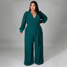 Plus Size Solid V Neck Long Sleeve Sashes Jumpsuit NNWF-7325