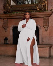 Plus Size V Neck High Split Long Sleeve Maxi Dress JRF-3655