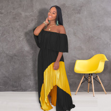 Chiffon Contrast Color Slash Neck Irregular Pleated Maxi Dress ME-Q297