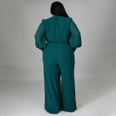 Plus Size Solid V Neck Long Sleeve Sashes Jumpsuit NNWF-7325
