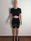 Casual Solid Hole T Shirt And Shorts Two Piece Sets LA-3277