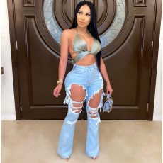 Denim Ripped Hole Flared Jeans Pants LA-3272