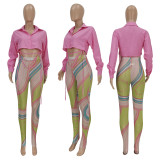 Sexy Long Sleeve Blouse Top+Printed Mesh Pants 2 Piece Sets FENF-179