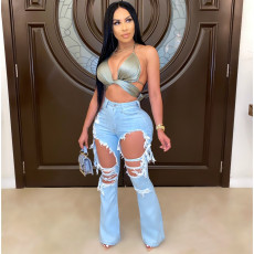 Denim Ripped Hole Flared Jeans Pants LA-3272