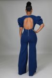 Denim Backless Puff Sleeve Wide Leg Jumpsuit LA-3289