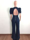 Denim Backless Puff Sleeve Wide Leg Jumpsuit LA-3289