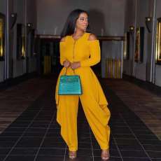 Solid Cold Shoulder Long Sleeve Harem Jumpsuit MXDF-6057