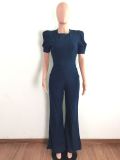 Denim Backless Puff Sleeve Wide Leg Jumpsuit LA-3289