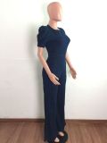 Denim Backless Puff Sleeve Wide Leg Jumpsuit LA-3289