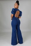 Denim Backless Puff Sleeve Wide Leg Jumpsuit LA-3289