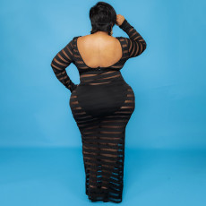 Plus Size Sexy Mesh See Through Long Sleeve Maxi Dress NNWF-7318