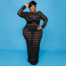 Plus Size Sexy Mesh See Through Long Sleeve Maxi Dress NNWF-7318