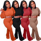 Solid Long Sleeve Crop top Flared Pants 2 Piece Sets MIL-L270