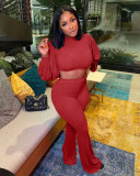 Solid Long Sleeve Crop top Flared Pants 2 Piece Sets MIL-L270