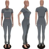 Solid Short Sleeve Two Piece Pants Set LM-8285