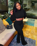 Solid Long Sleeve Crop top Flared Pants 2 Piece Sets MIL-L270