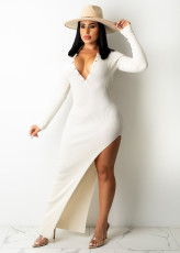 Solid Ribbed Backless High Split Slim Maxi Dress TR-1176