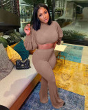 Solid Long Sleeve Crop top Flared Pants 2 Piece Sets MIL-L270