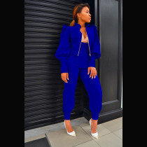 Solid Puff Sleeve Zipper Coat+High Waist Pants 2 Piece Suits MAE-2120