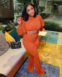 Solid Long Sleeve Crop top Flared Pants 2 Piece Sets MIL-L270