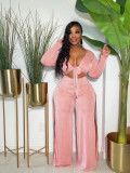Plus Size Velvet Tie-Up Top High Split Pants 2 Piece Suits FNN-8634