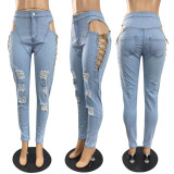 Denim Sexy Lace-Up Hollow Out Skinny Jeans Pants YYF-6620