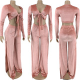 Plus Size Velvet Tie-Up Top High Split Pants 2 Piece Suits FNN-8634