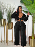 Plus Size Velvet Tie-Up Top High Split Pants 2 Piece Suits FNN-8634