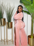 Plus Size Velvet Tie-Up Top High Split Pants 2 Piece Suits FNN-8634