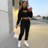 Solid Cropped Hoodie+Tank Top+Pants 3 Piece Sets CH-8193