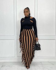 Striped Tassel High Waist Long Skirt OLYF-96076