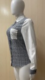 Houndstooth Print Patchwork Full Sleeve Blouse Top ZSD-0424